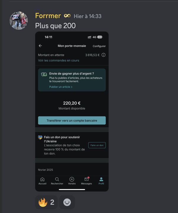 Vente Vinted 3 816 euros en attente